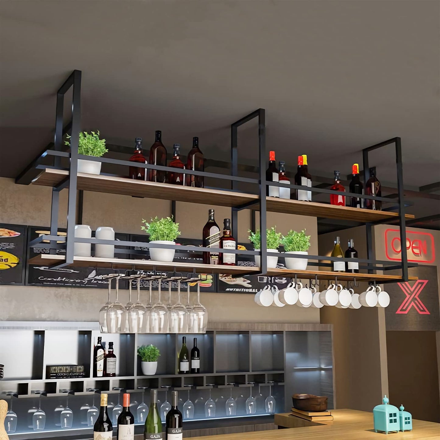 Ceiling Wine Glass Rack - 31.4in Hanging Wine Rack with Glass Holder and Shelf, 2 Layer Industrial Hanging Wine Bottle Holder, Gold Metal Ceiling Shelf for Bar Cafe Kitchen (Gold, 31.4×11.8×31.4in)