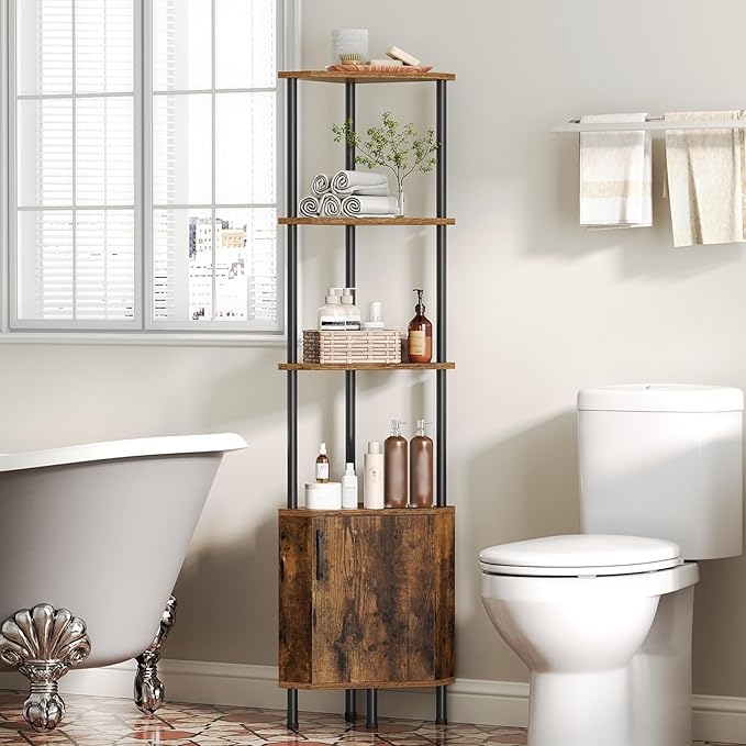 HOOBRO Corner Cabinet with LED Light, Corner Shelf Stand with Storage and Doors