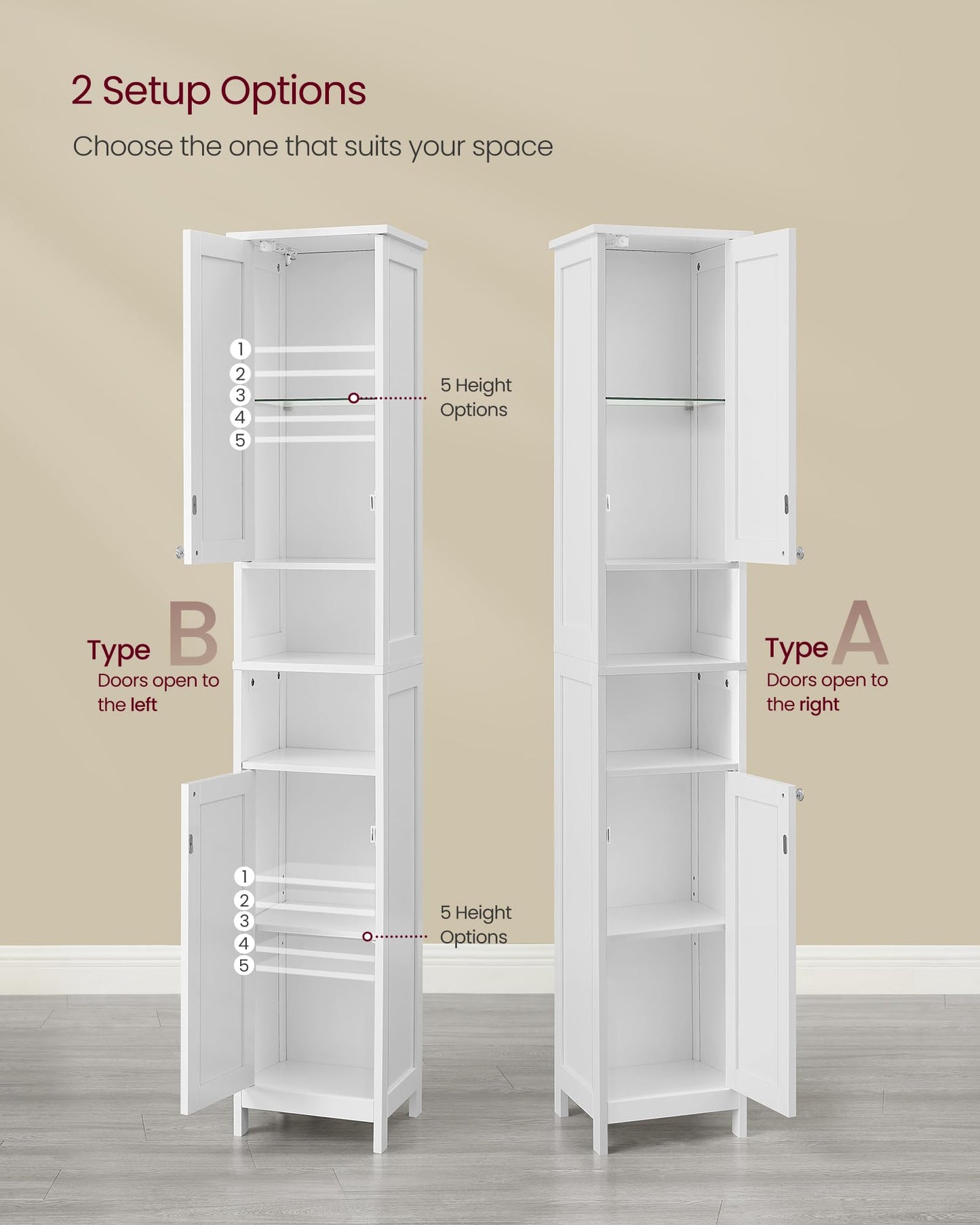 VASAGLE Tall Storage Cabinet with Lights, Slim Freestanding Cabinet with Adjustable Shelves, for Small Spaces, Bathroom, Living Room, Modern, 11.8 Inches Wide, Cloud White UBBC566W02V1