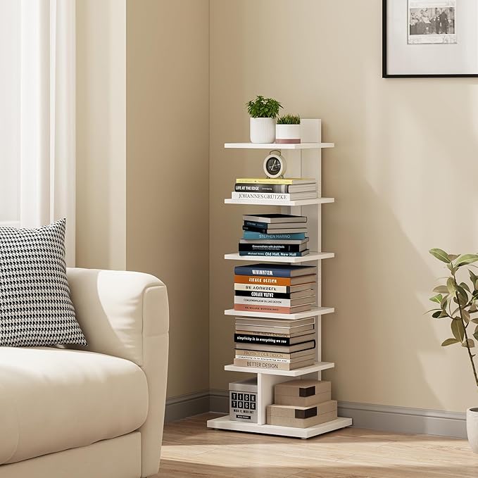 TUTOTAK Narrow Bookshelf, 6-Tier Bookcase, Spine Book Shelf