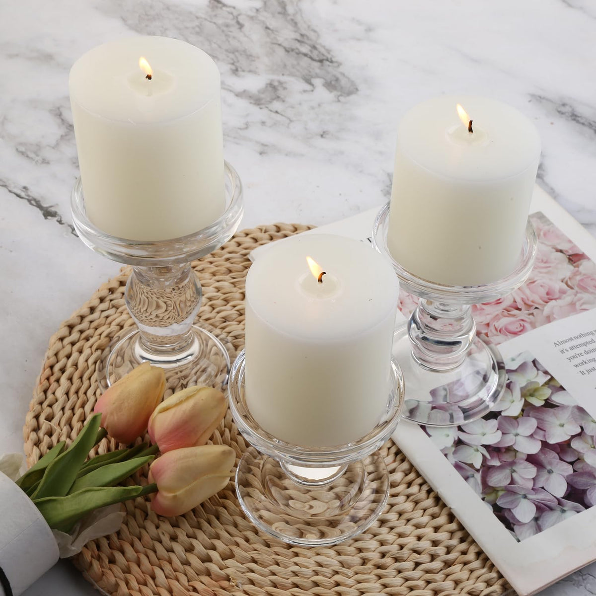 BTGLLAS 3-Piece Set of Glass Candlestick, Crystal Candlestick Holder Holder and Conical Candle, Christmas Candle Holder Decoration, Family Living Room Wedding Candle Holder (Clear)