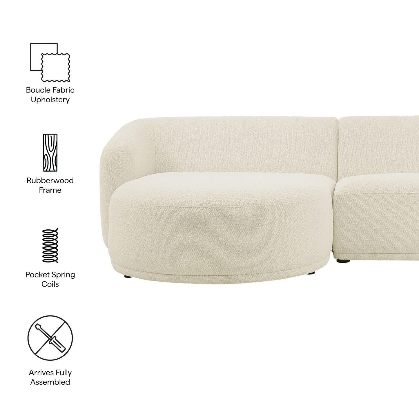 Modway Monica Left Facing Sectional with Chaise in Cream – Comfortable Low Profile 2-Piece Boucle Fabric Modular Sofa for Living Room, Bedroom, Or Apartment