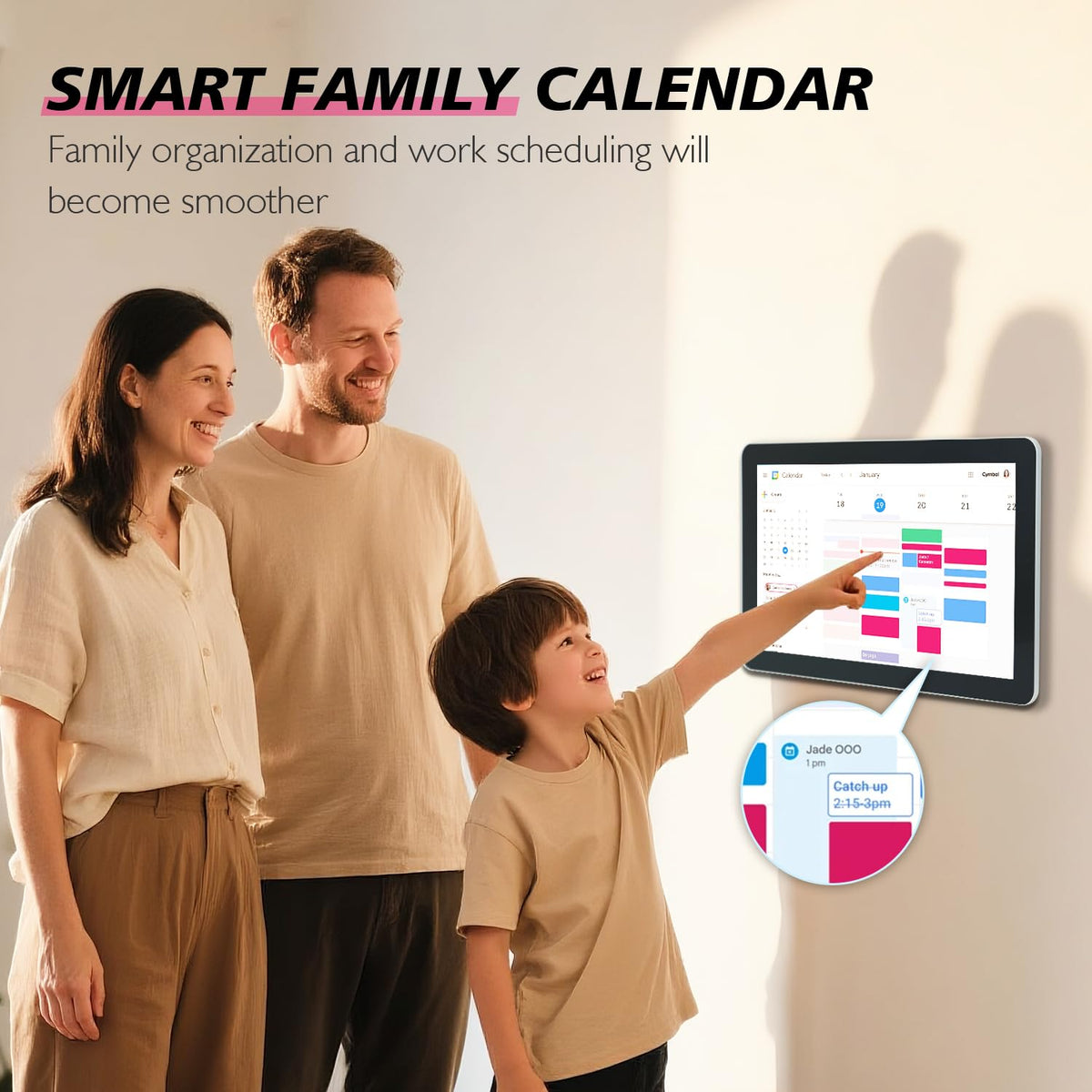 TouchWo 15.6 to 27 inch Touchscreen Digital Calendar & Wall Planners, Smart Whiteboard Calendar for Chore Chart & Work Schedule, Built in Speakers and Camera, Include Wall Mount & Desk Stand (17.3-inch)