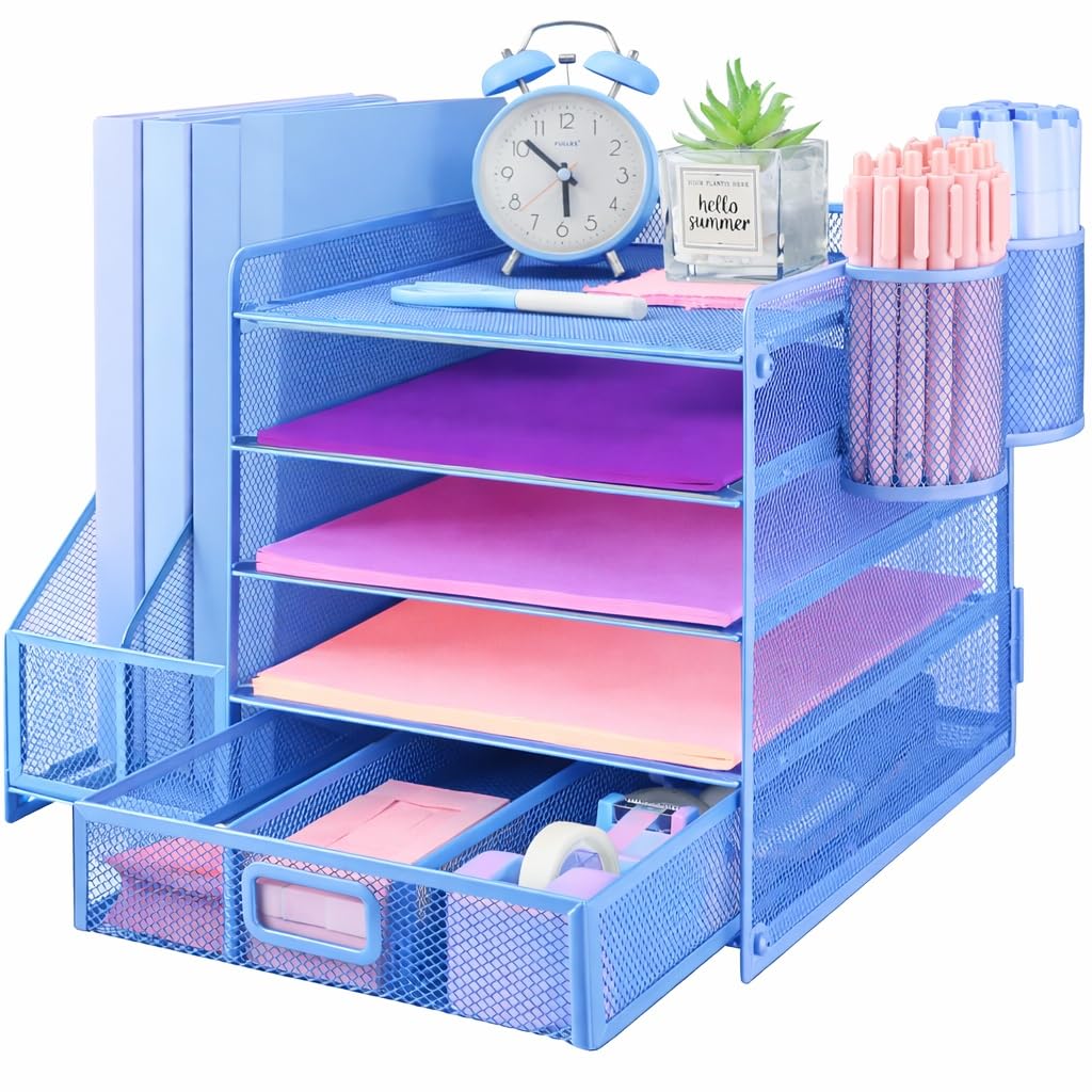 ideallife Desk Organiser with 2 Pack Magazine File Holder, 5-Tier Paper Tray Organiser with Drawer and 2 Pen Holder, Letter Tray Multifunctional for Office, School, Home - Blue