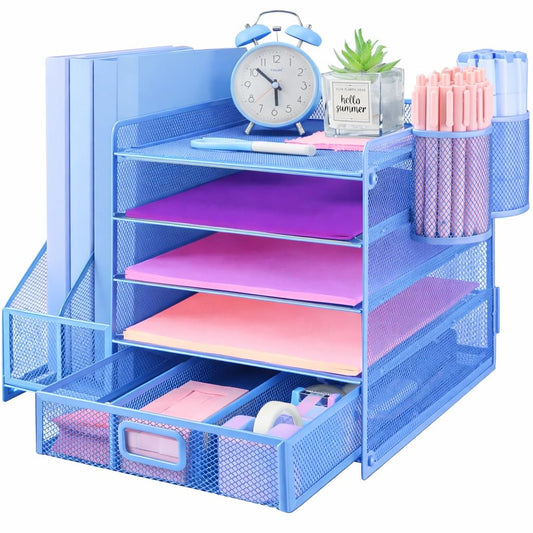 ideallife Desk Organiser with 2 Pack Magazine File Holder, 5-Tier Paper Tray Organiser with Drawer and 2 Pen Holder, Letter Tray Multifunctional for Office, School, Home - Blue