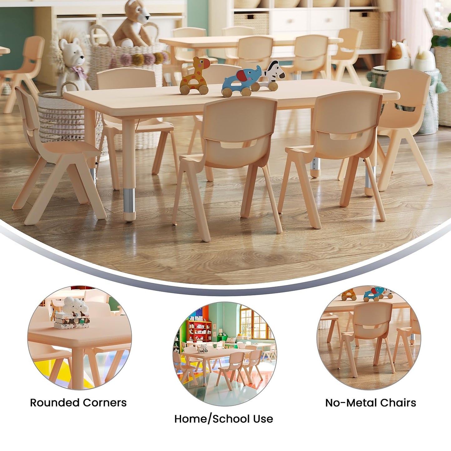 Flash Furniture Adjustable Classroom Activity Table with 6 Stackable Chairs, Rectangular Plastic Activity Table for Kids, 24" W x 48" L, Natural