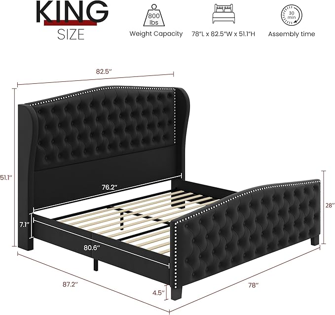 BRELTAM Upholstered King Size Bed Frame Velvet Black Tufted Platform Bed Frame