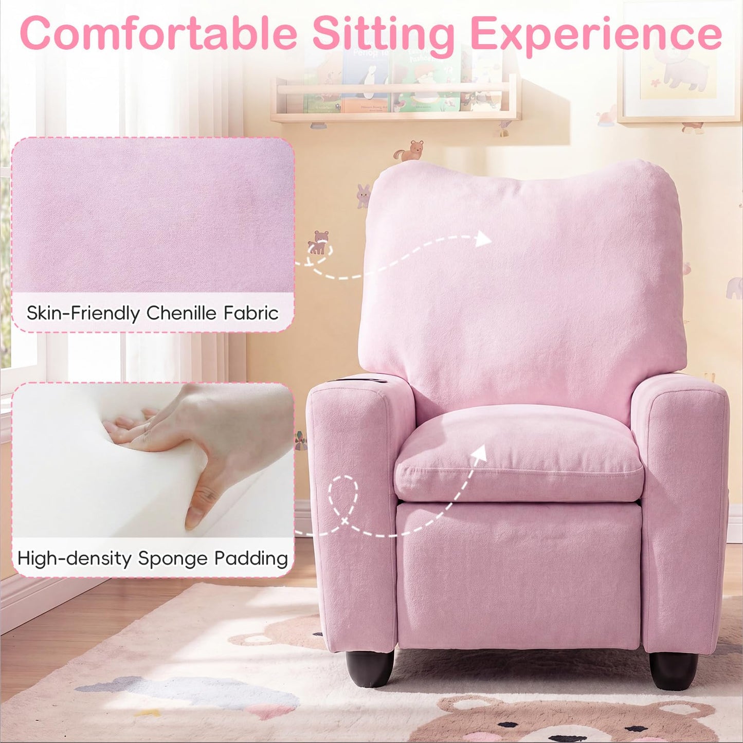 Costzon Kids Recliner Chair with Cup Holder, Toddler Adjustable Lounge Chair w/Footrest for Boys Girls Room, Ergonomic Baby Child Furniture Sofa for Age 3+ Gifts, Kids Mini Recliner up to 150 lbs