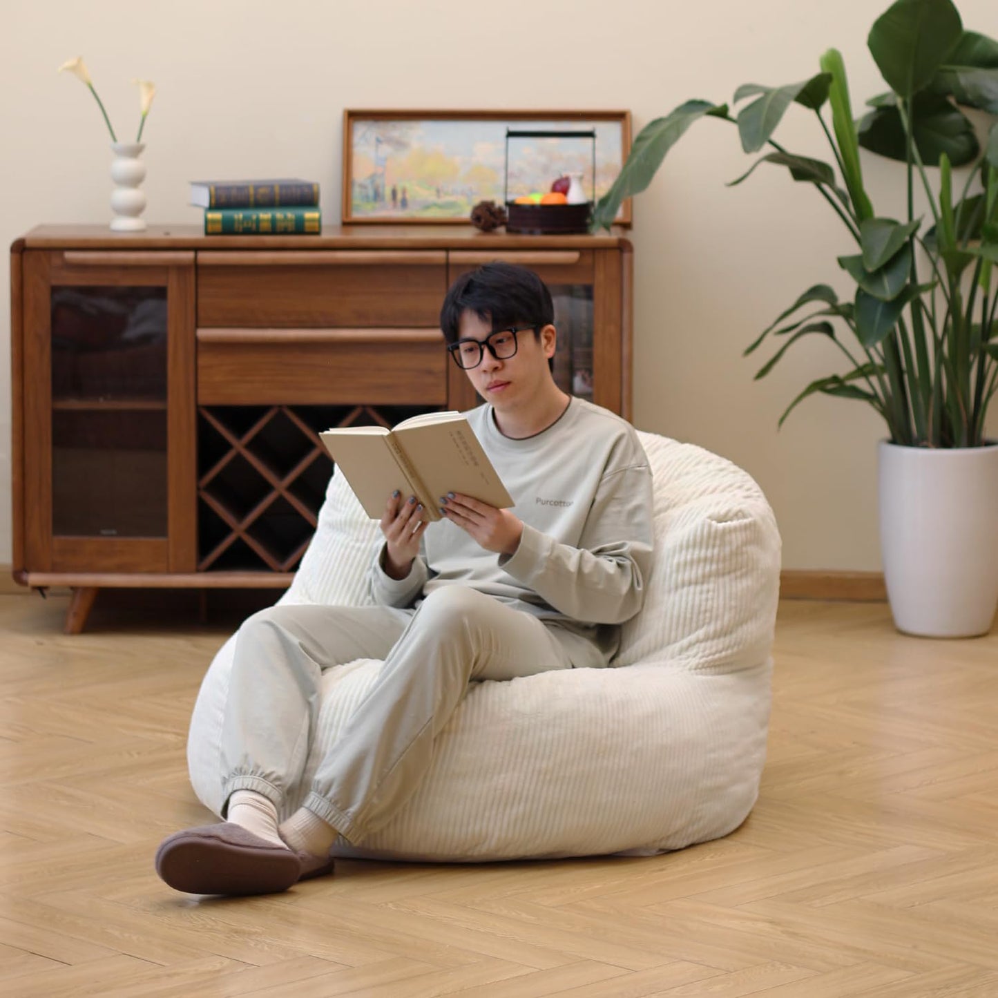 N&V Large Crescent Bean Bag Chair, Adult Size Bean Bag Sack, Foam Filling, Soft Premium Corduroy Bean Bag for Living Room Bedroom Dorm and Office (Ivory)
