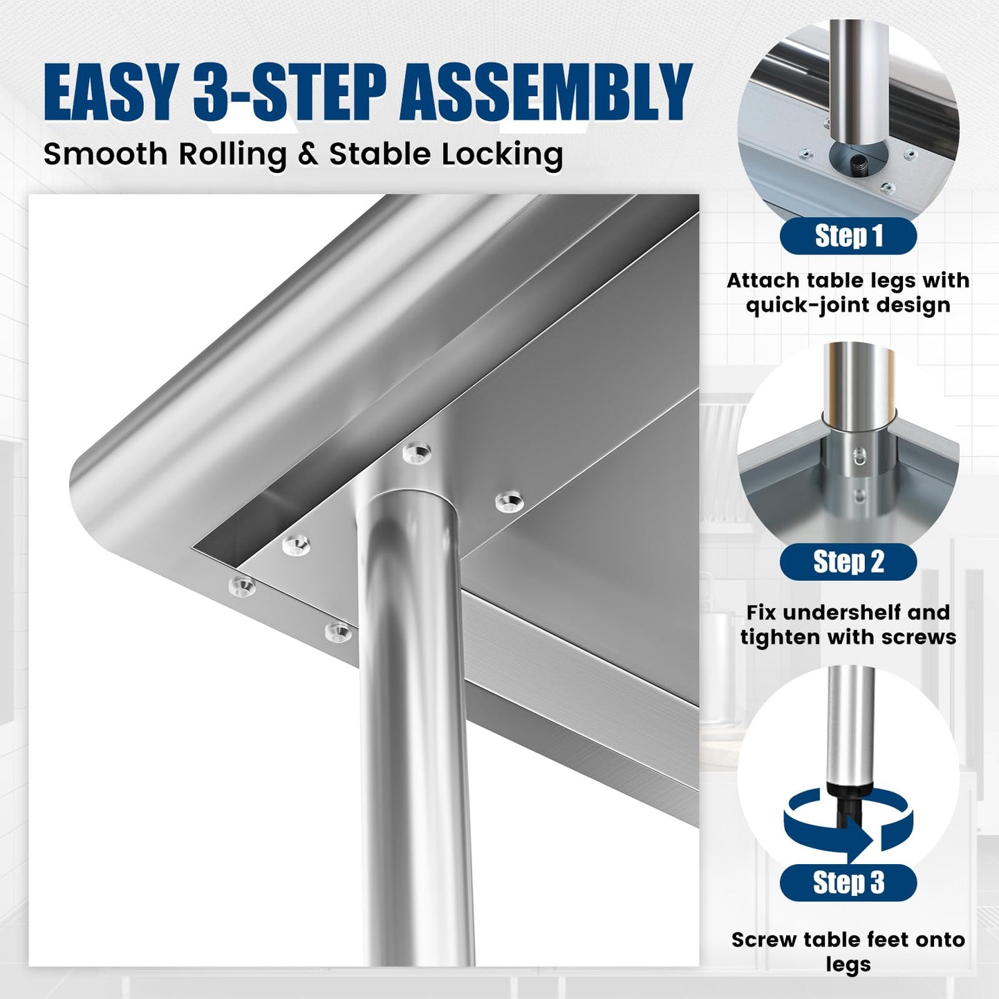 Stainless Steel Work Table 24 x 30 Inch with 2 Adjustable Undershelves, Heavy-Duty Metal Prep Table for Commercial Kitchen & Restaurant, Garage, Outdoor