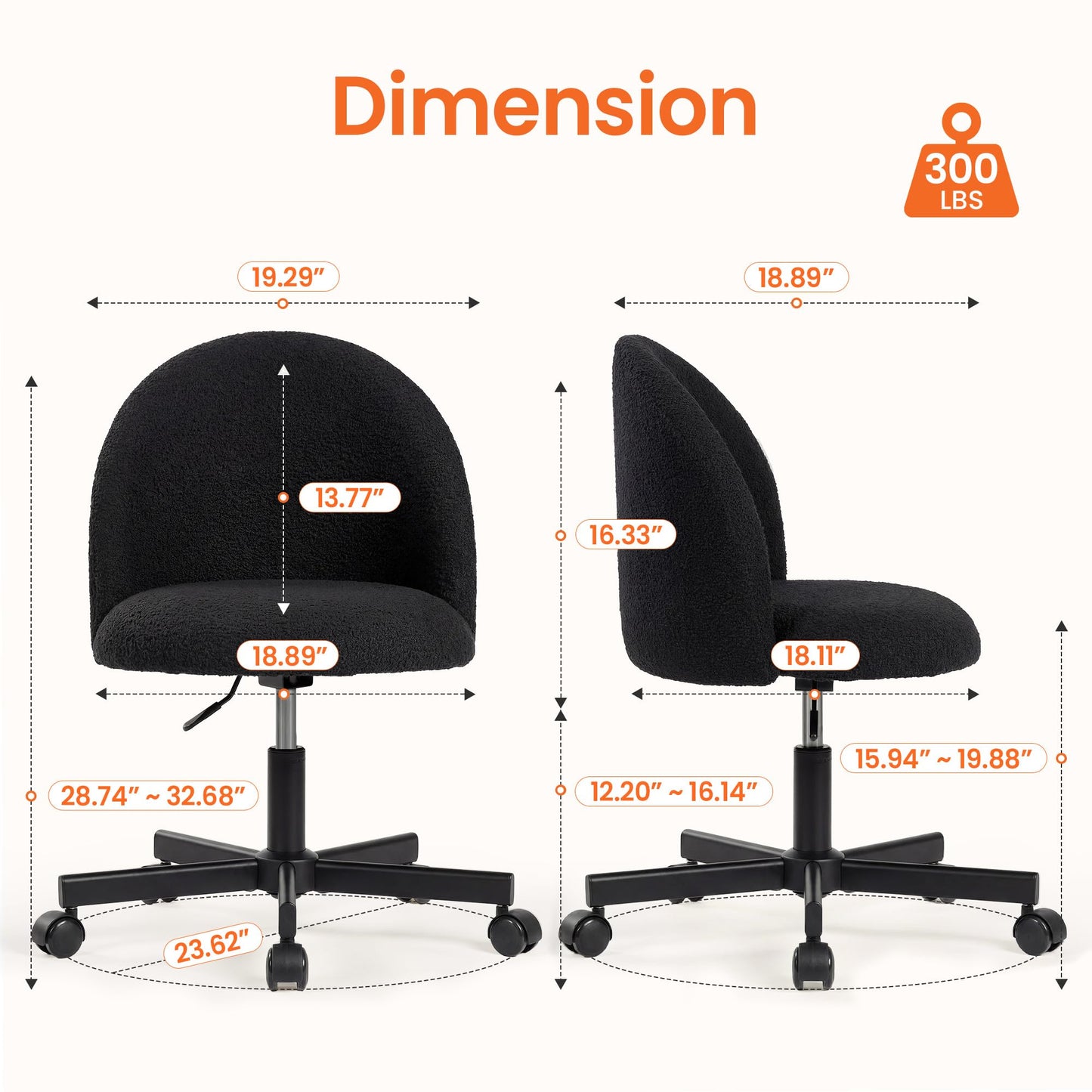 NEO CHAIR Office Vanity Chair with Wheels Comfy Desk Chair for Girls Cute Computer Small Armless Adjustable Height Swivel for Home Bedroom Task (Black)