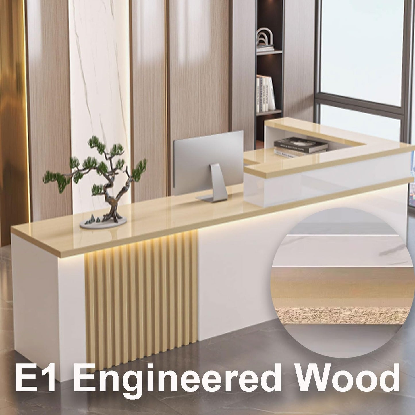 Stylish Modern Reception Desk with LED Light, 120cm Office Counter Table, Functional Storage for Beauty Salons & Lobbies, White & Natural Finish Furniture
