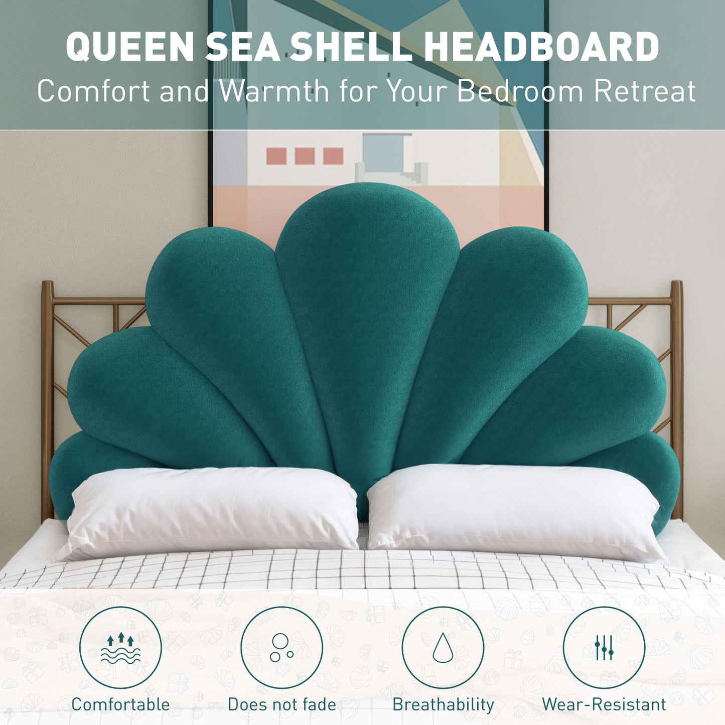 Rucener Queen Size Seashell Headboard Cushion, Soft PP Cotton Filled Upholstered Shell Headboard Pillow, Aesthetic Scalloped Wall Panel Free Standing, Coastal Decor for Teen Grils Bedroom (Blue)