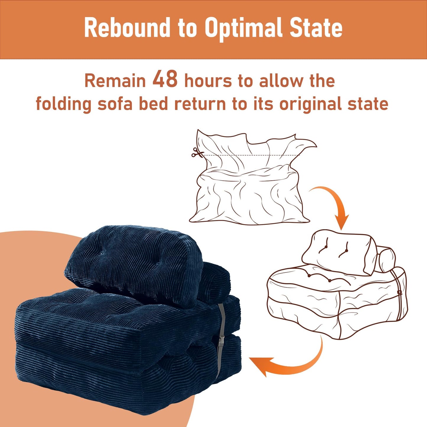 Vellorise Folding Sofa Bed, Convertible Sleeper Chair with Back Support and Pillow Futon,Boneless Foldable Couch for Living Room/Guest Use/Home Office, Foldable Chair Bed for Adults, Navy Blue