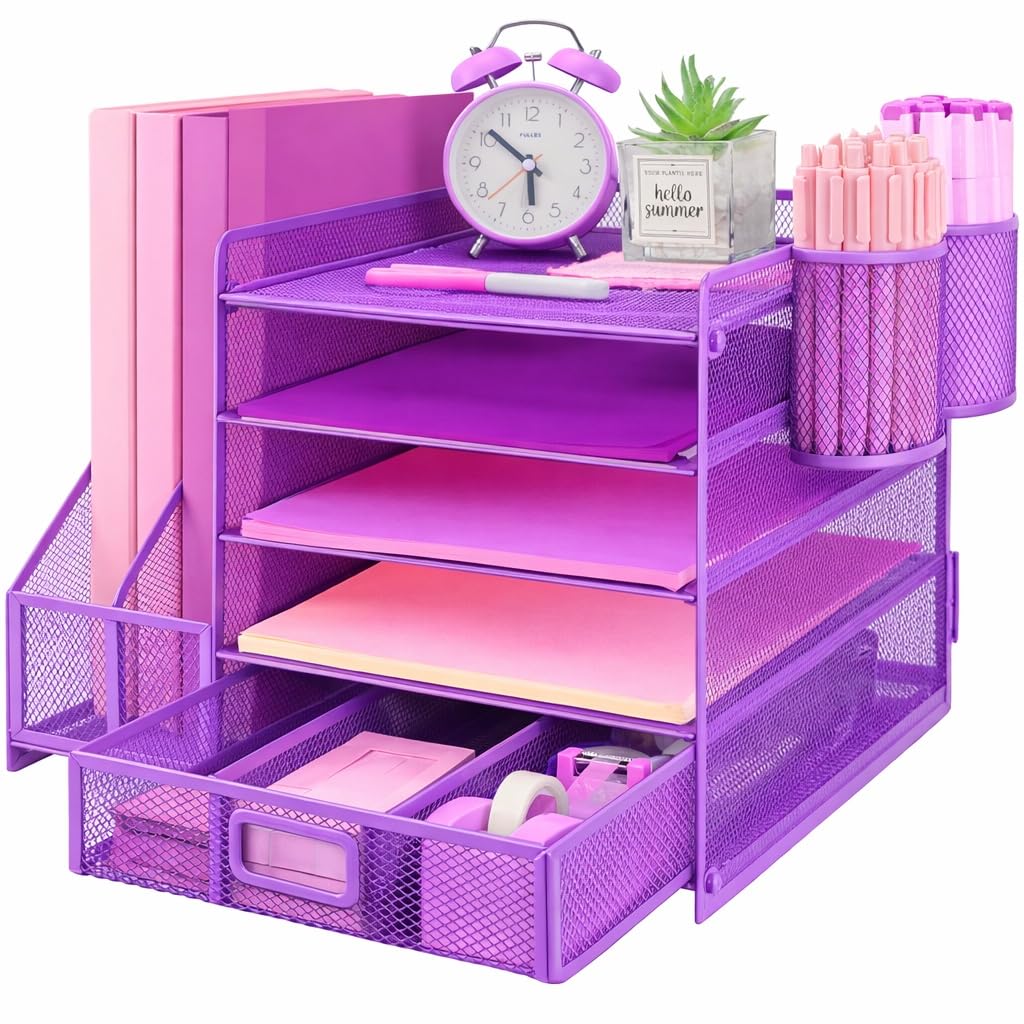 ideallife Desk Organiser with 2 Pack Magazine File Holder, 5-Tier Paper Tray Organiser with Drawer and 2 Pen Holder, Letter Tray Multifunctional for Office, School, Home - Purple