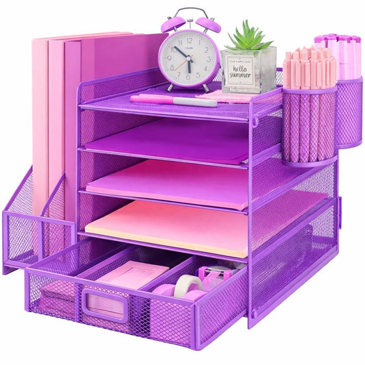 ideallife Desk Organiser with 2 Pack Magazine File Holder, 5-Tier Paper Tray Organiser with Drawer and 2 Pen Holder, Letter Tray Multifunctional for Office, School, Home - Purple