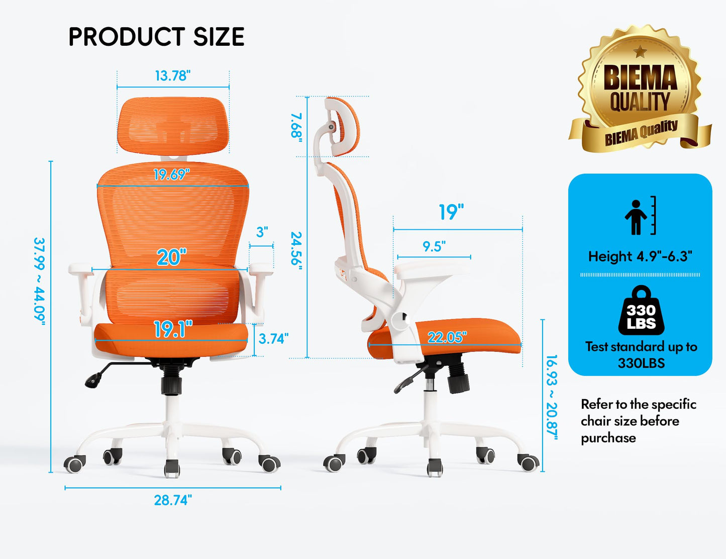 TRALT Office Chair - Ergonomic Office Chair with Back Support, Home Office Desk Chairs, 330lbs Wide Seat Big and Tall Office Chairs with Headrest, Comfy Desk Chairs (Orange)