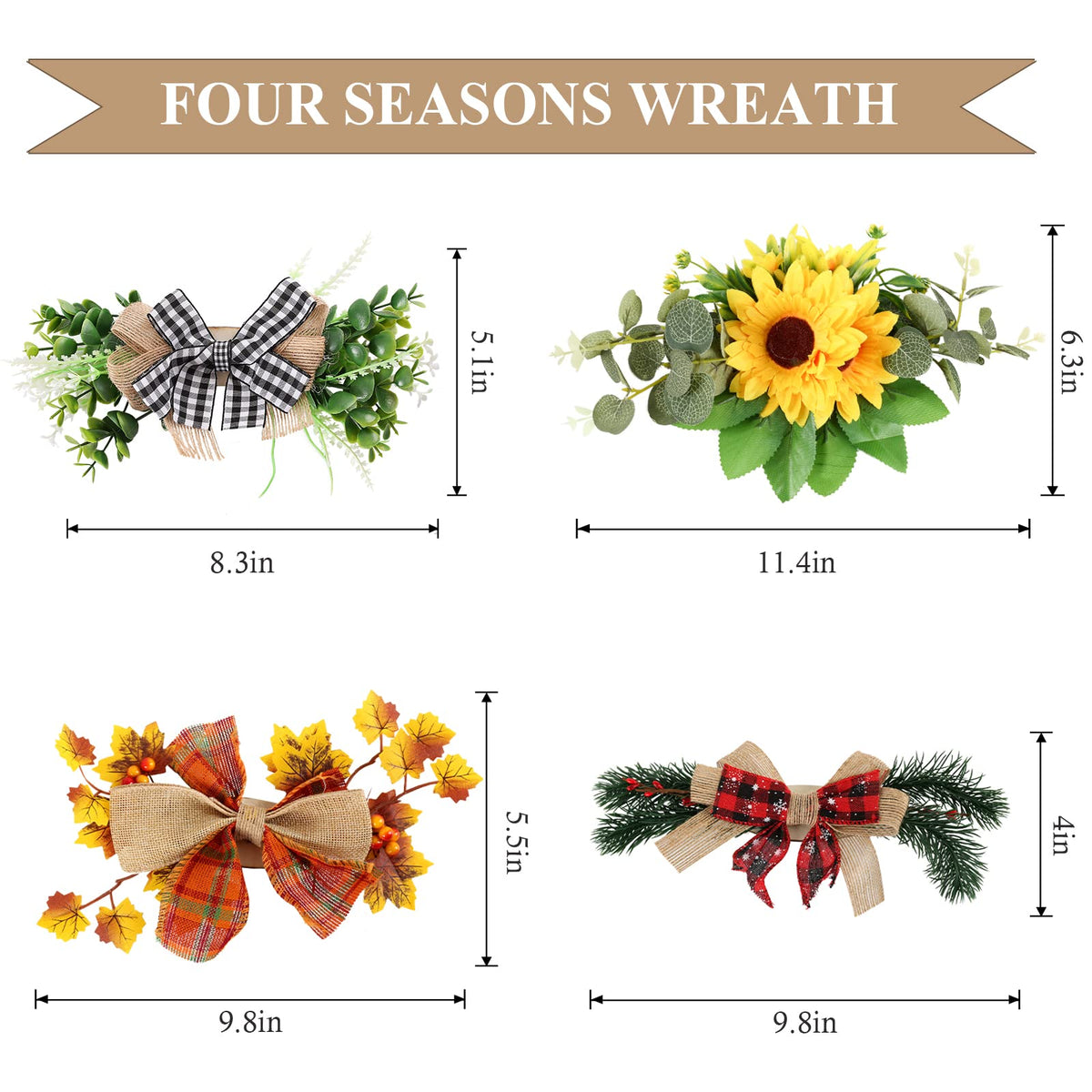 Interchangeable Seasonal Welcome Sign Front Door Decoration with 4 Seasonal Wreaths and LED Light, Rustic Round Wood Wreaths Wall Hanging Outdoor, Farmhouse Front Door Decoration Home Décor
