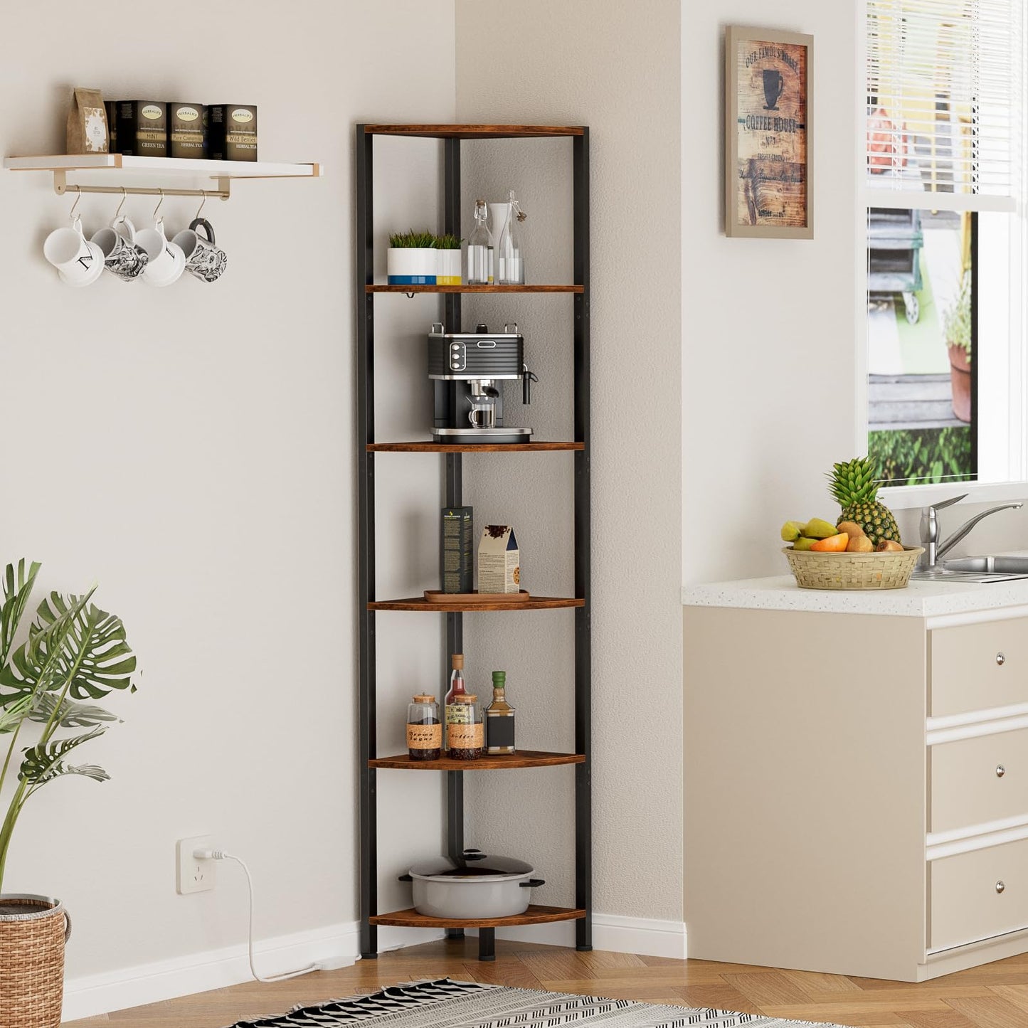 Furnulem 6 Tier Corner Shelf with LED Light, 67.5” Tall Standing Shelf Organizer, Narrow Bookshelf with Storage Rack for Wall Corner, Living Room, Bedroom, Metal Frame, Wood Display Shelf
