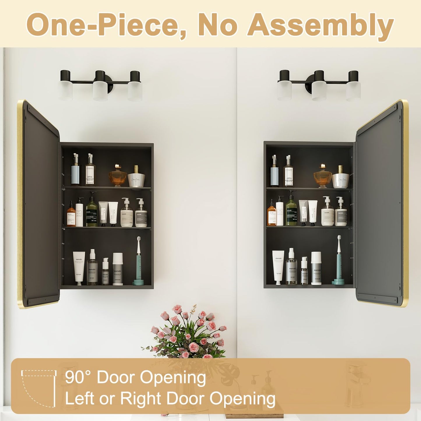 Venlus Gold Framed Medicine Cabinet with Mirror, 16x24 Inch Fully Assembled Recessed or Surface Mount Bathroom Medicine Cabinet, Black Metal Cabinet with Adjustable Glass Shelves