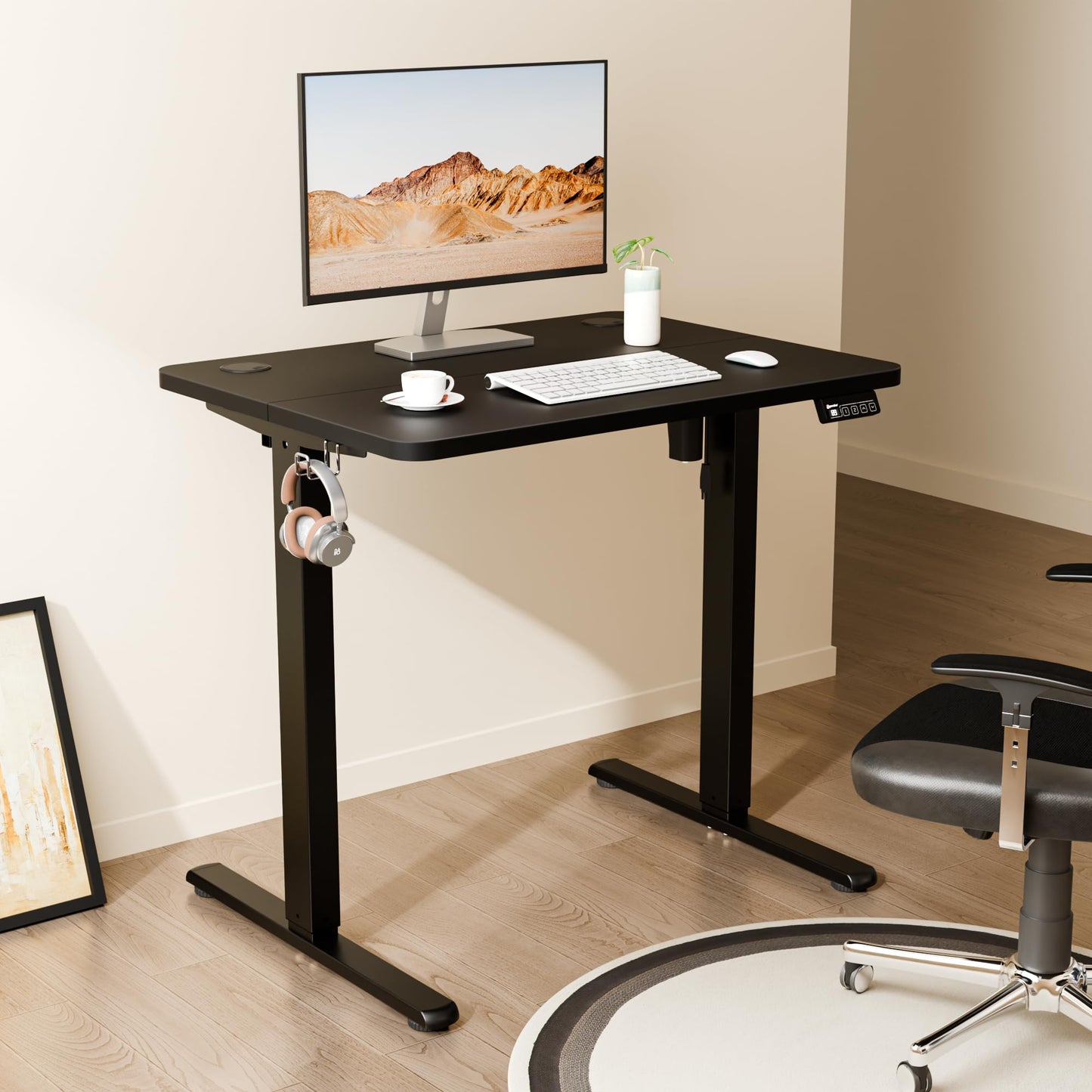 ERGOMAKER Electric Small Standing Desk, 31.5" x 23.6" Height Adjustable Sit Stand Desk with Splice Board for Home Office, Computer Desk Memory Preset (Black Frame, Black Desktop)