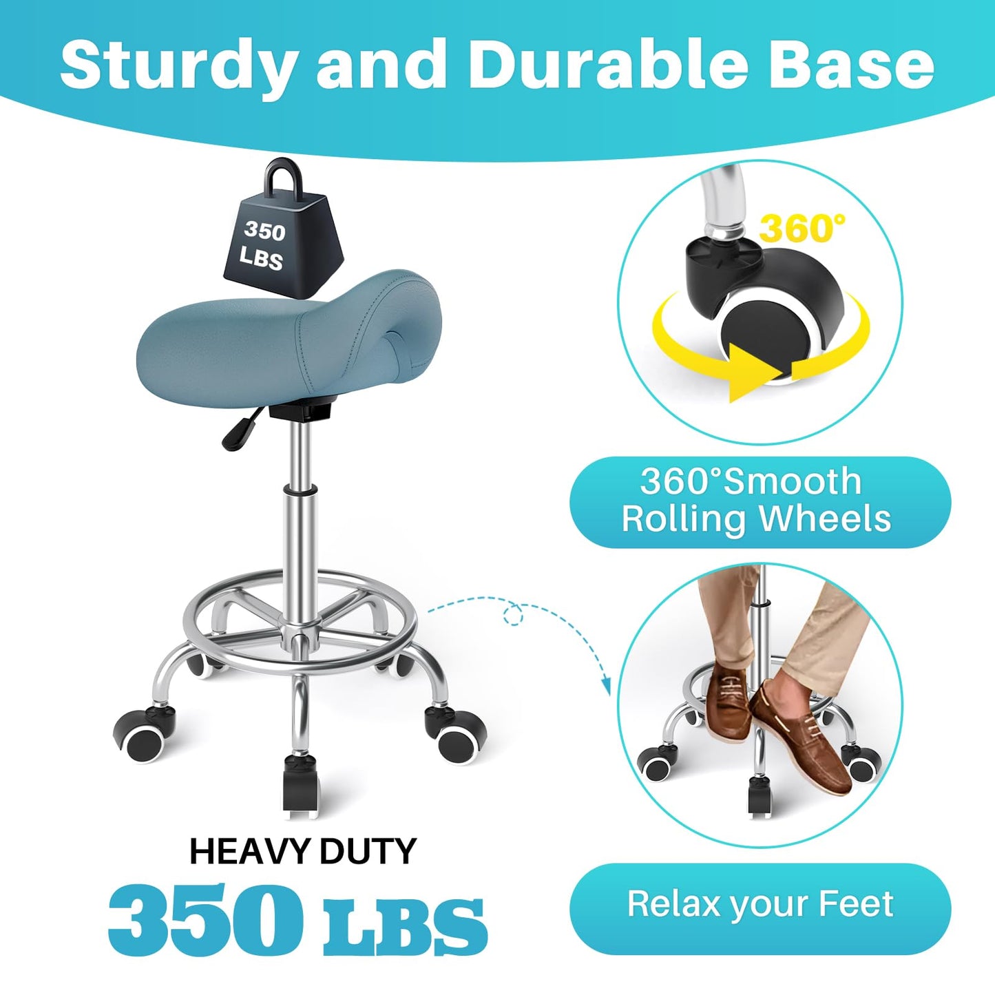 YEEZEE Saddle Stool Ergonomic- Comfortable Rolling Saddle Stool with Wide Thick Saddle Seat Padding, Swivel Adjustable Saddle Chair with Wheels and Ring Pedal for Medical Massage Salon (Blue)