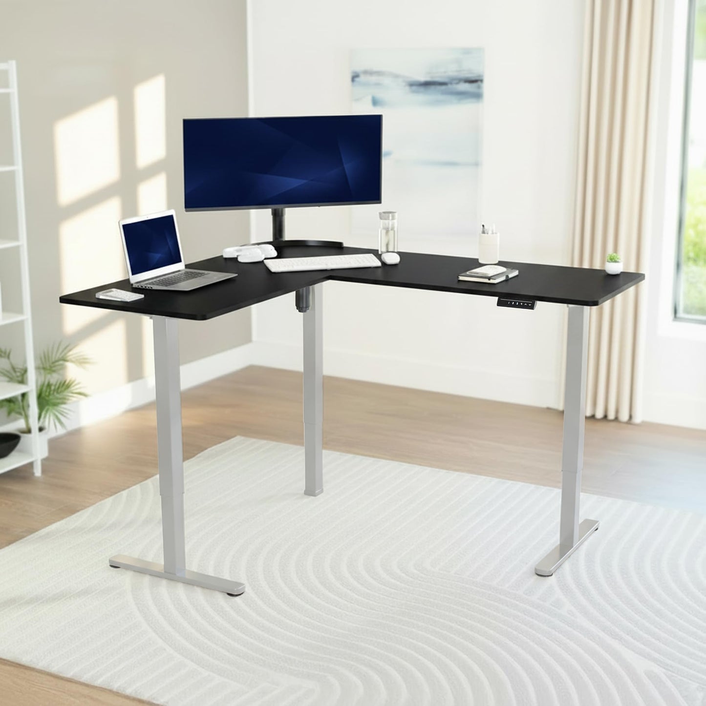 VIVO Corner Standing Desk, 63 x 55 inch Reversible L-Shaped Workstation, Electric Height Adjustment, Home, Office, and Reception Rooms, Black Table Top Gray Frame, DESK-E3CTGB