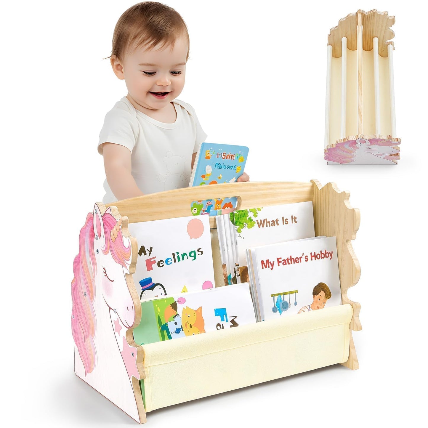SheSeek Toddler Bookshelf Double-Sided with 4 Tier Deep Sleeves Kids Wooden Montessori Book Rack for Baby Nursery Room, Playroom, Classroom or Bedroom Bookcase Storage Organizer, Pink Unicorn