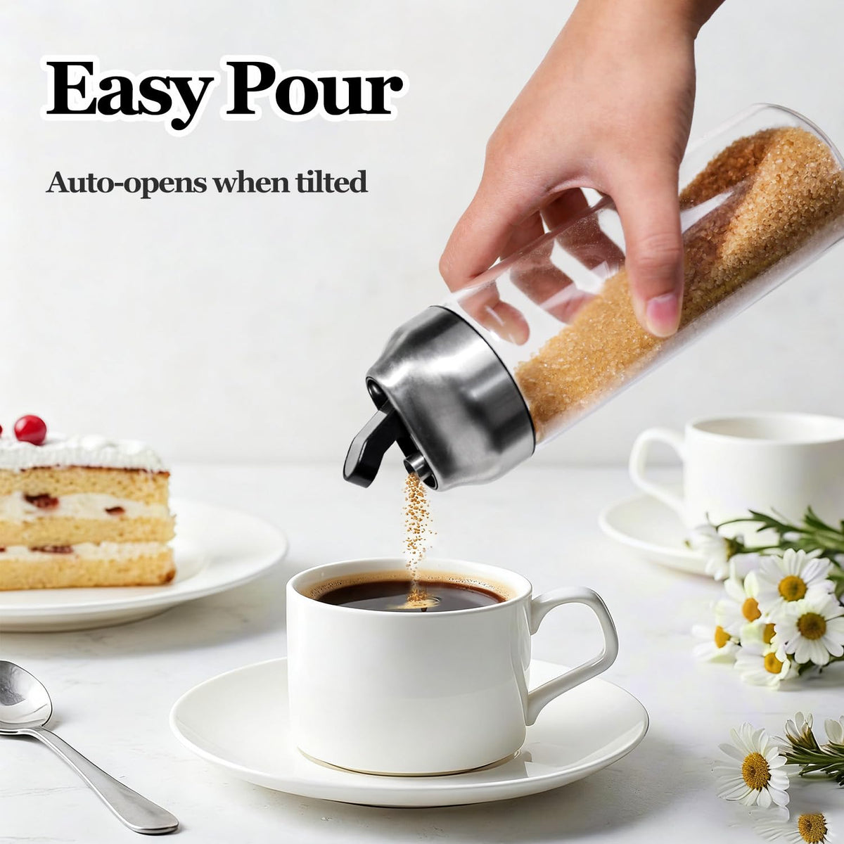 14oz Glass Sugar Dispenser with Spout - Refillable Pour Shaker for Coffee Bar, Tea Station & Table - Large Airtight Sugar Container for Kitchen Counter