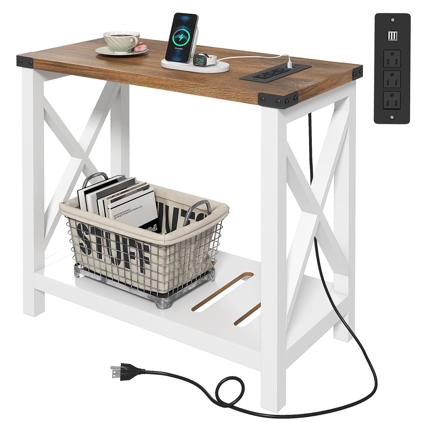 Hadulcet Farmhouse Side Table with Storage Shelf - Narrow End Table with Charging Station, Slim End Tables Living Room, Rustic X-Design Nightstand for Bedroom, Small Space, White & Brown