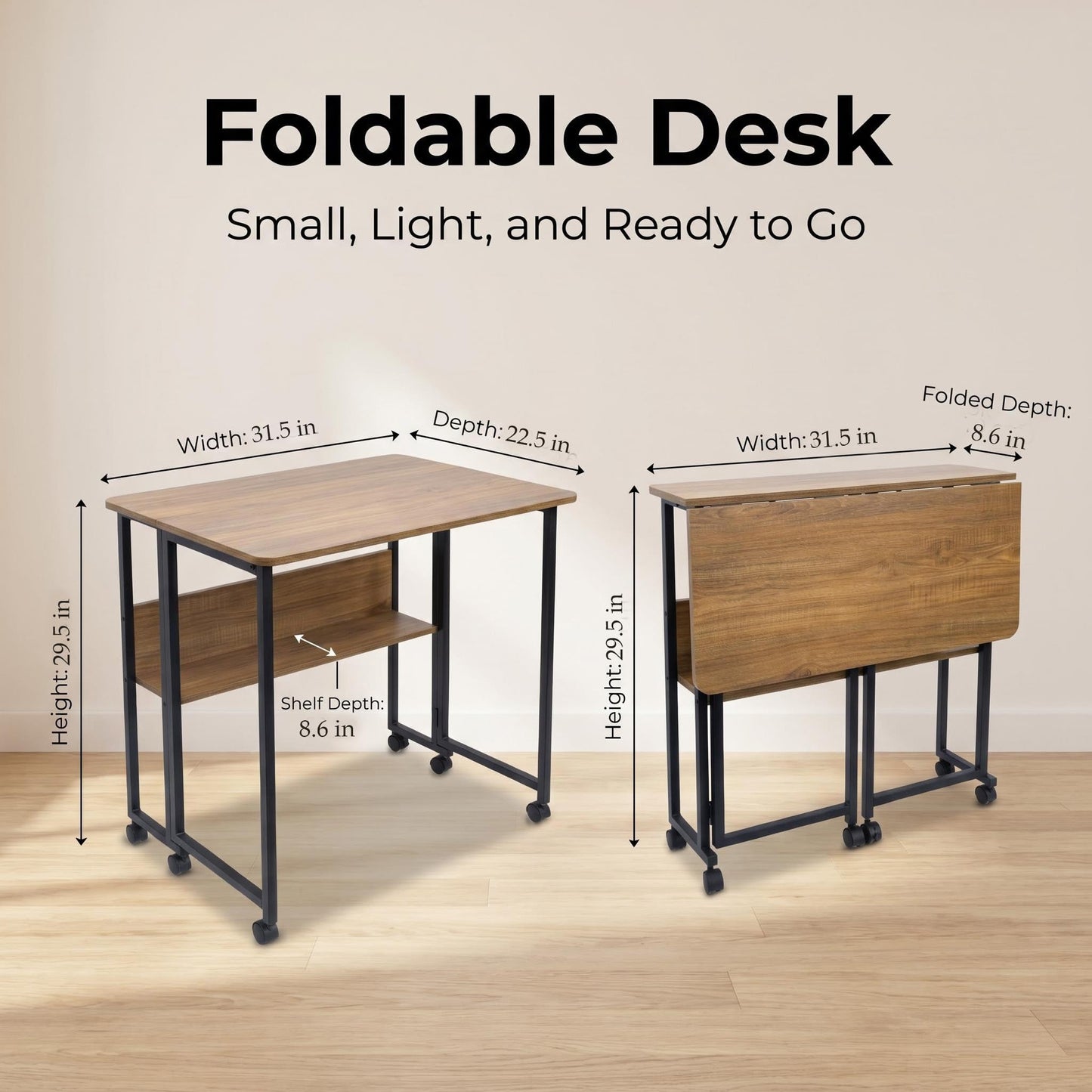 Windpost Mobile Foldable Desk w/ 6 Wheels,Portable Rolling Small Computer Desk w/Storage Shelves, Folding desks for Small Spaces, Computer Table for Home Office Bedroom Living Room-Brown