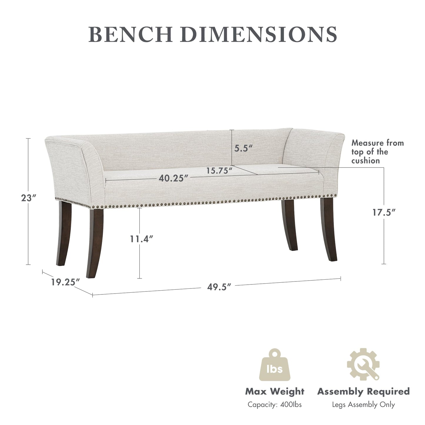 Madison Park Accent Bench for Living Room, Upholstered with Nailhead Trim, & Padded Seat Entryway Bench Small, End of Bed Bench with Back, 49.5" W x 19.25" D x 23" H, White Cream