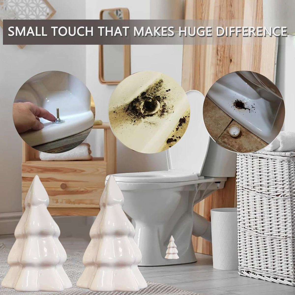 2Packs Christmas Tree Toilet Bolt Covers Decorative Tall Toilet Bolt Caps for Christmas Bathroom Decor, Toilet Caps for Bottom of Toilet, Ceramic Toilet Screw Cover Caps, Easy Installation (White)