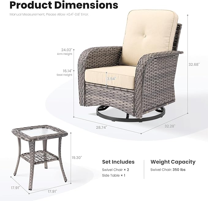 ovios 3-Piece Patio Furniture Set, Outdoor Wicker Sofa