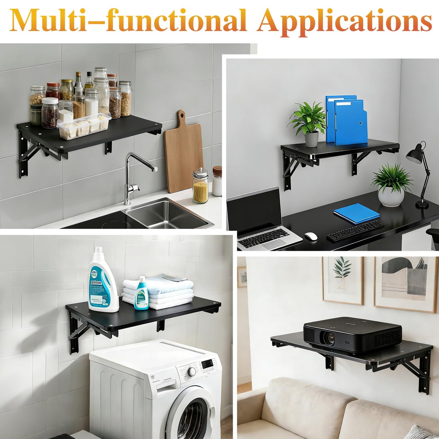 IDUNSEED Folding Shelf Wall Mounted for Small Space, Black Wall Table for Living Room Bedroom Decor, Home Office Floating Fold Down Desk, Media Shelves with Heavy, 16.5"*11.8"