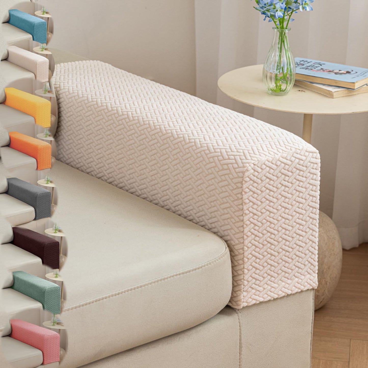 Couch Arm Covers & Arm Chair Covers Set of 2 - Stretch Sofa Armrest Protectors with Non-Slip Grip, Machine Washable Polyester Fabric for Recliner/Loveseat/Sectional (Beige,Medium-Set of 2)