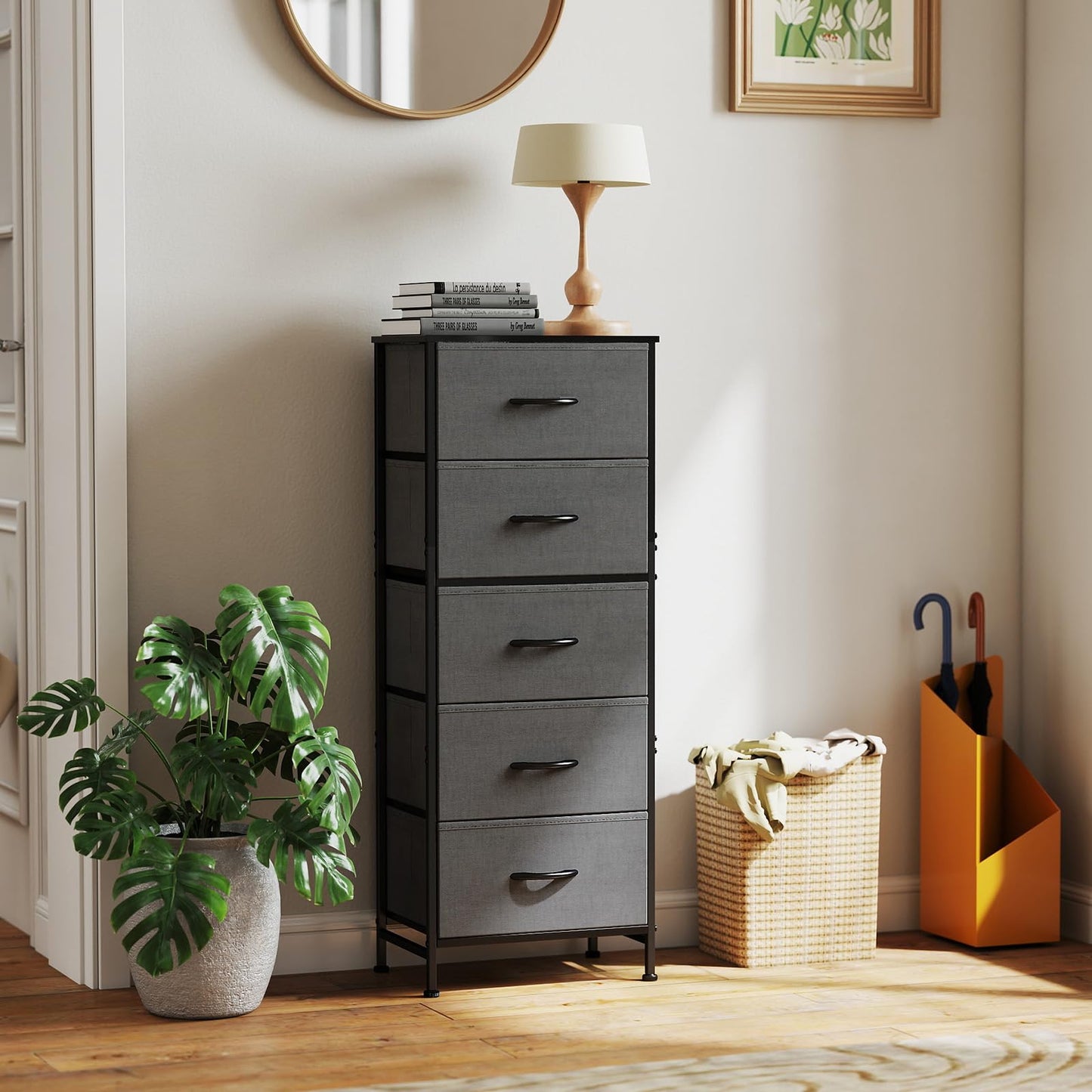Sweetcrispy 5 Drawer Dresser with Fabric Bins Steel Frame Wood top Storage Chest for Bedroom Closet Hallway Gray Compact Organizer Durable Home Storage Solution
