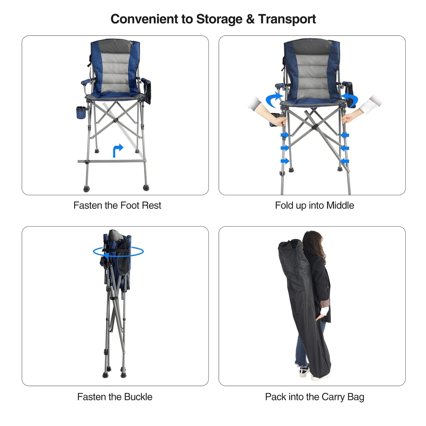 Stonehomy Extra Tall Folding Chairs for Adults 330lbs, Portable Bar Height Foldable Director Chairs for Camping Outside, Comfortable with High Back and Footrest, Blue