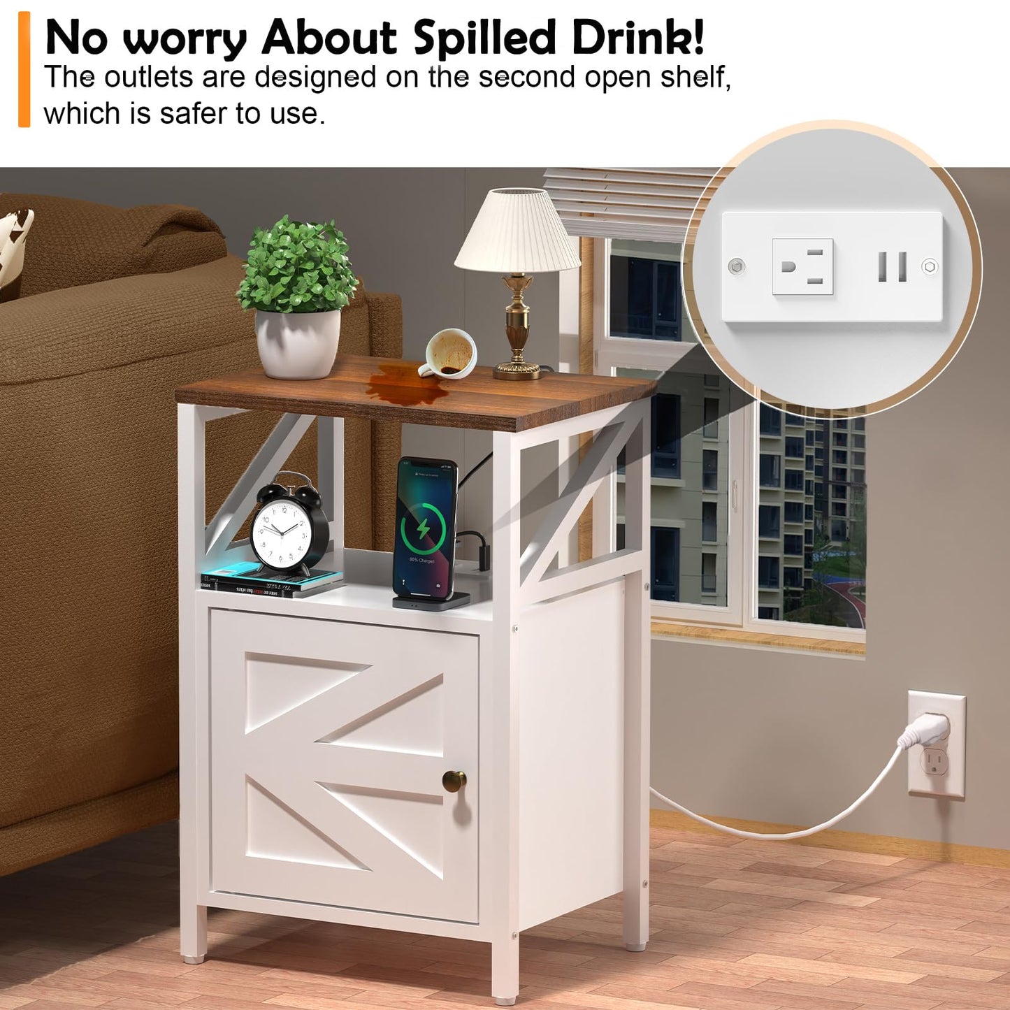 FUNHUKSON Farmhouse 3-Tier End Table with USB Charging Station White