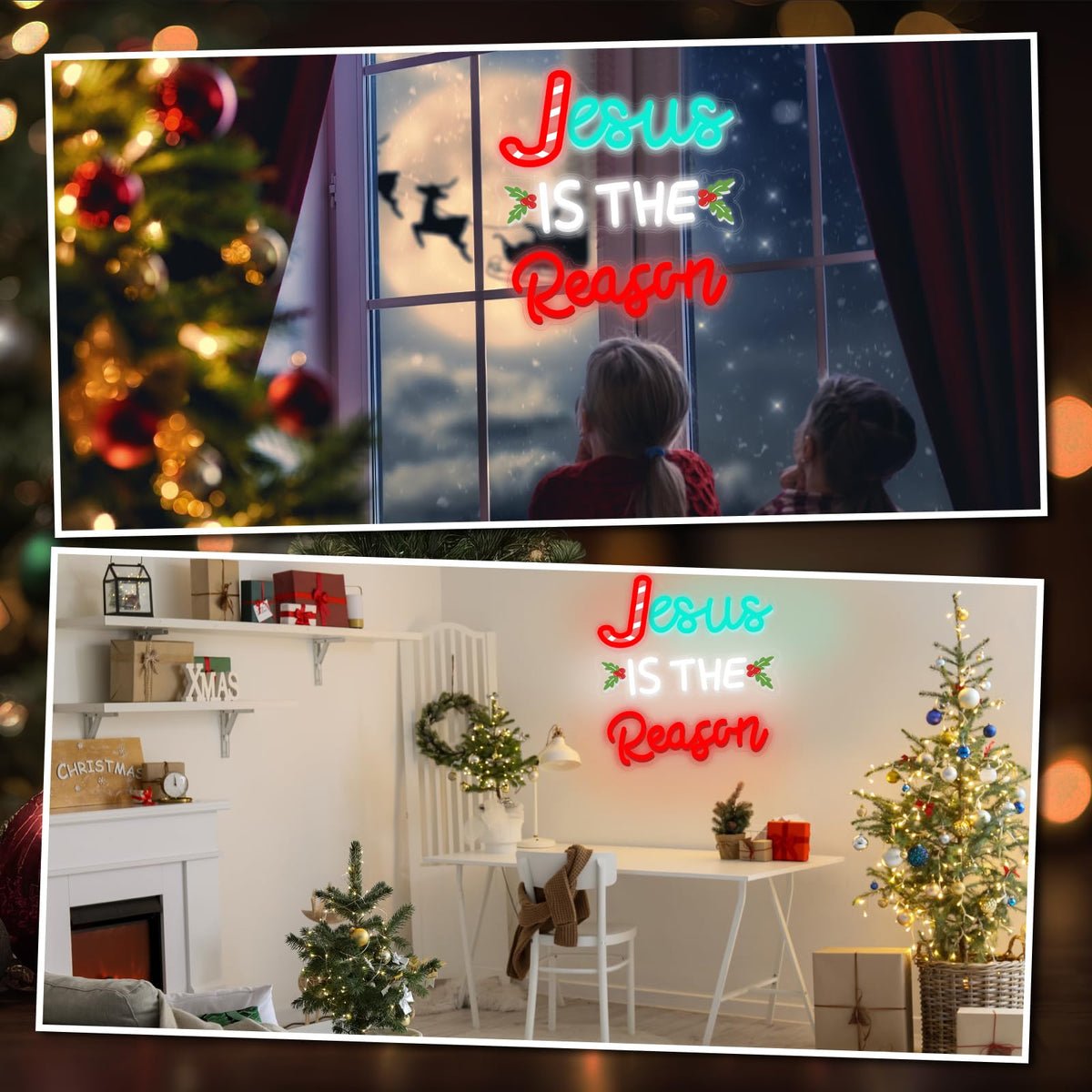 Huquary Jesus Is the Reason Neon Sign Christmas LED Sign Lighted Wall Art Decoration Neon Light USB Powered for Ceremony Party Bar Home Birthday Bible Church Decor Gift(Stylish)