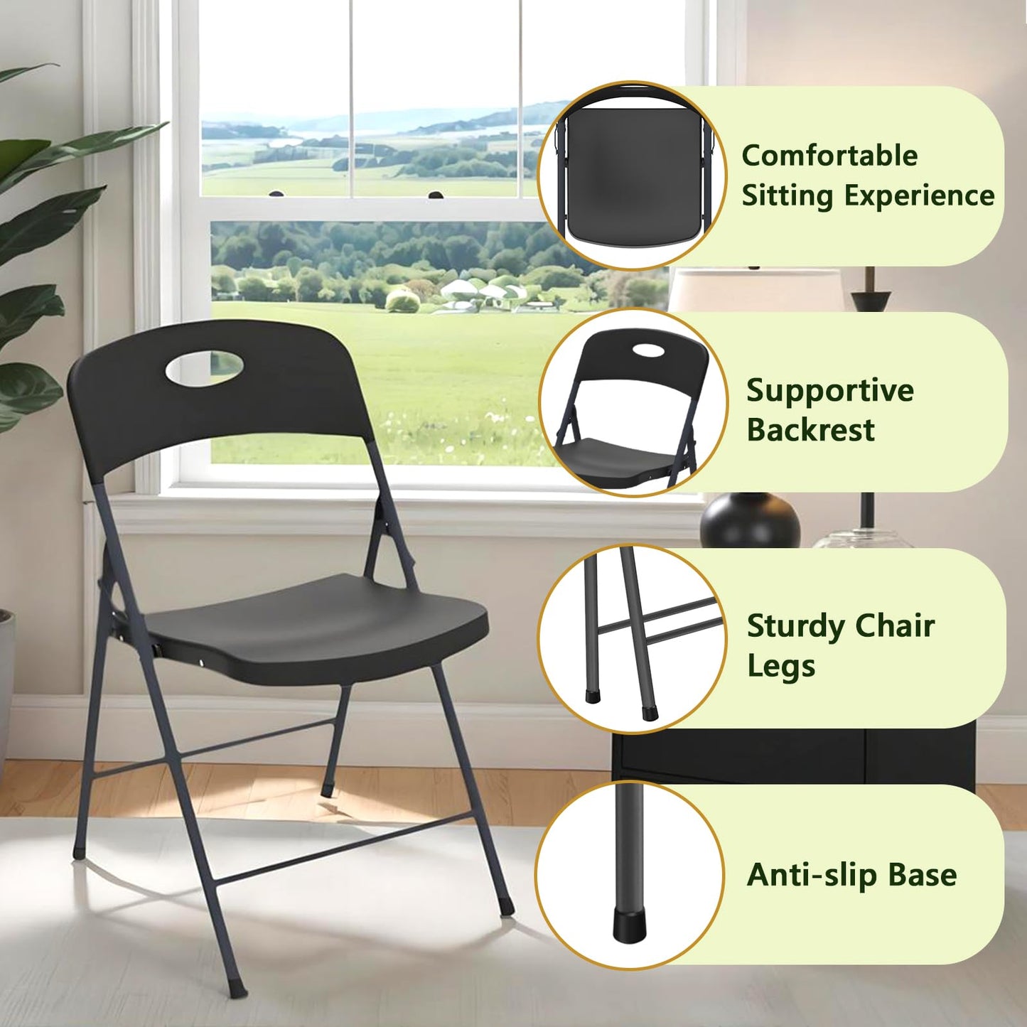 MAKE CHANGES Black Folding Chairs 6 Pack, Outdoor Portable Plastic Foldable Chairs with Metal Frame, 350lbs Capacity Heavy Duty Folding Chairs for Patio, Picnic, Kitchen, Dining, Party