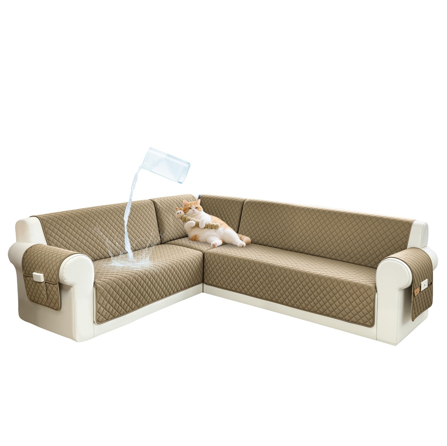 SYJOVIA Sectional Couch Covers for Dogs 100% Waterproof Corner L Shaped Sofa Cover Pet Friendly Velvet Washable Anti Slip L Shape Modular Sofa Slipcover Protector with Pockets (Camel, X-Large)