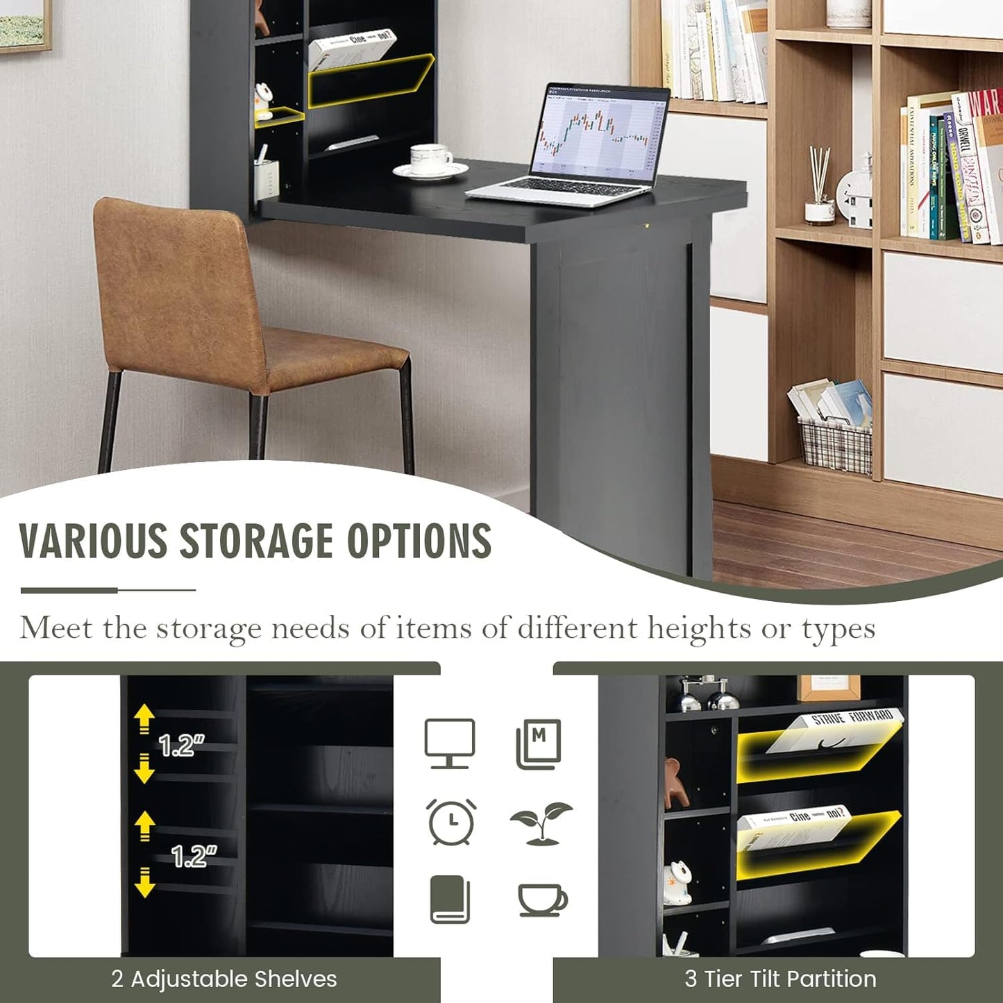 Byroce Wall Mounted Desk, Wood Collapsible Floating Desk, Convertible Computer Desk with Storage Area, Hanging Fold Out Table for Home Office, Small Spaces (Black)