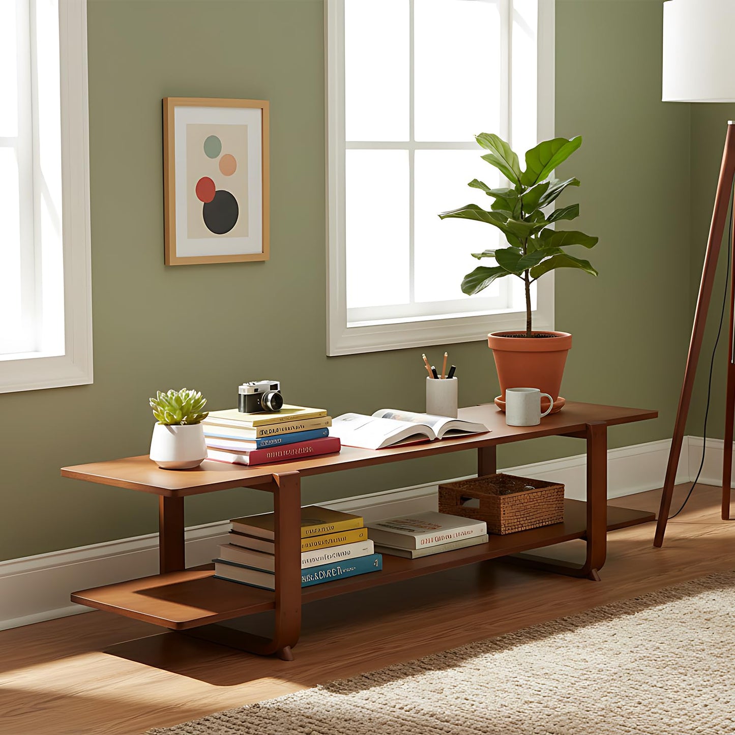 Welnow Low Bamboo TV Stand for Up to 65 Inch, Small Mid Century Modern Entertainment Center with 2-Tier Open Shelves, Walnut Media Console Table for Living Room, Bedroom