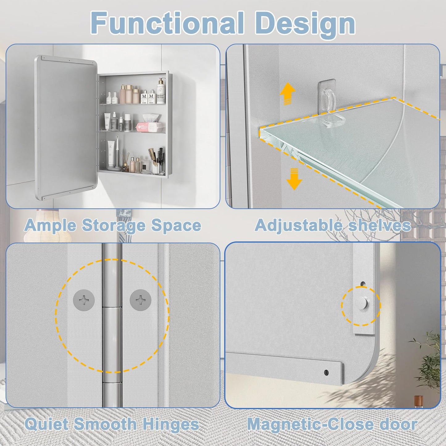 Venlus Silver Medicine Cabinet with Mirror, 16x24 Fully Assembled Recessed or Surface Mount Bathroom Medicine Cabinet, Metal Mirrored Cabinet with Adjustable Storage Shelves