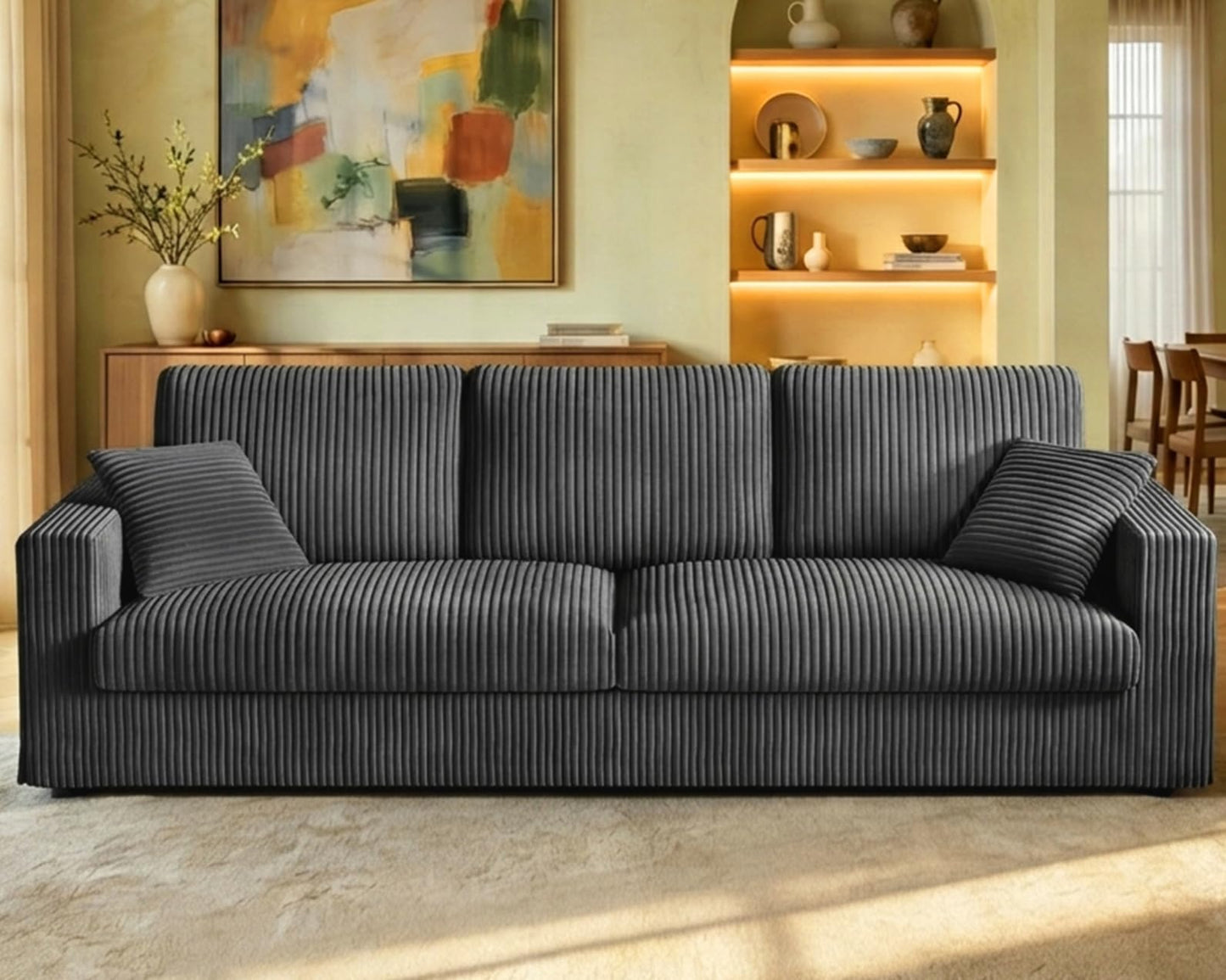 Welzona Plush Corduroy Couch, 101" Comfy Couches for Living Room, Tool-Free Setup Sofas for Living Room 6.3" Extra Wide Armrest, All-Wood Loveseat Sofa Couch for Bedroom/Office, 2 Pillow, Classic Grey