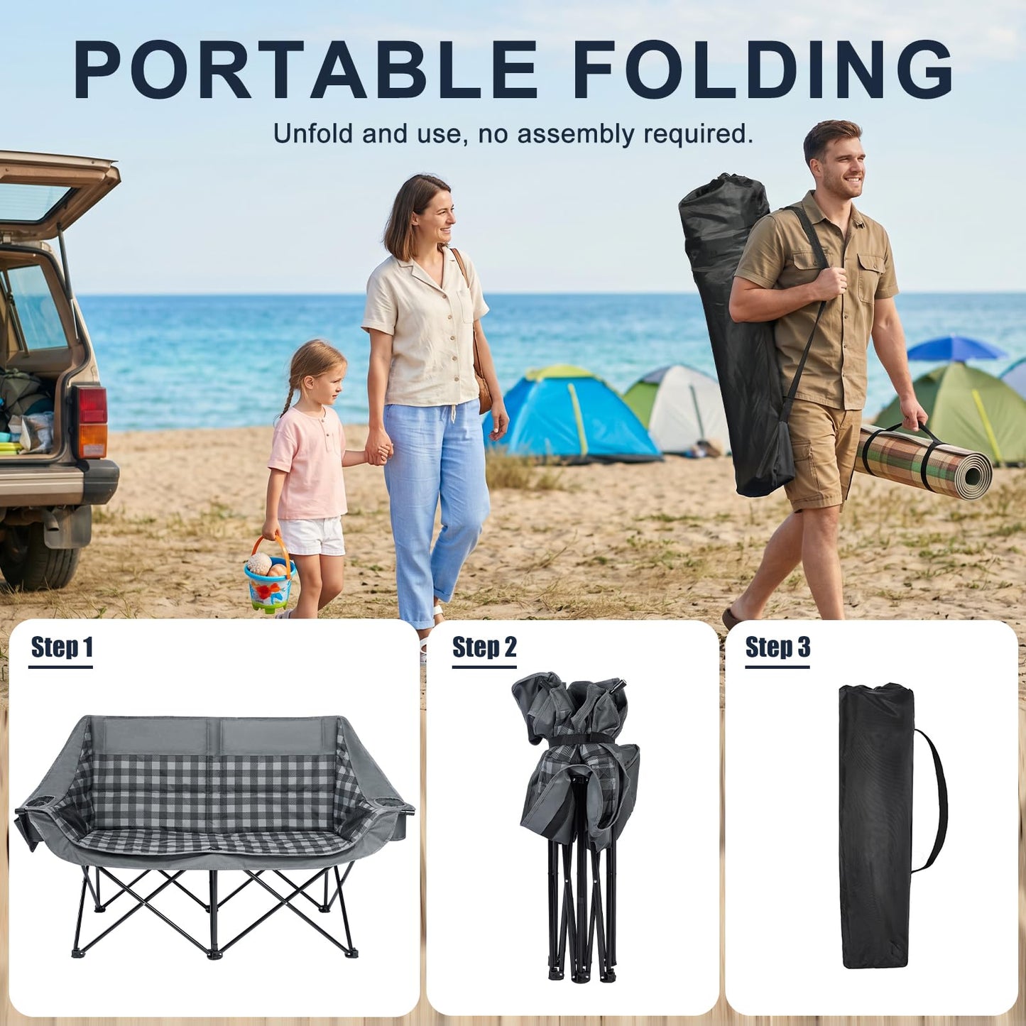 RVIEIS Double Camping Chair 2 Person Loveseat Oversized Padded Camping Couch Heavy Duty Portable Folding XL Camp Chair with Cup Holder Side Pocket for Outdoor Lawn Beach Sport Support 800LBS, Plaid