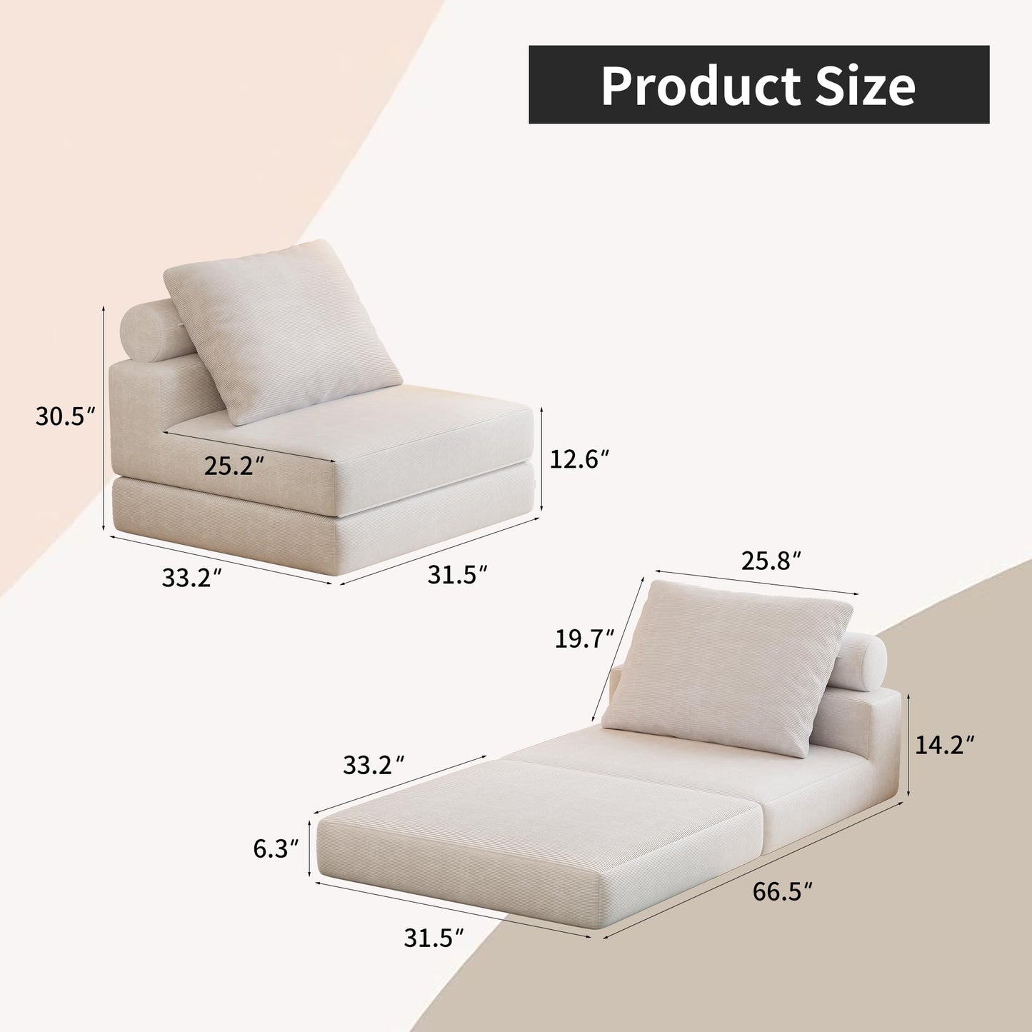 Lumbershed Folding Sofa Bed, 3-in-1 Convertible Sleeper Chair Bed with Pillows, Foldable Floor Couch with High-Density Foam, Futon Small Boneless Couch for Living Room Bedroom Lounge, Single, White