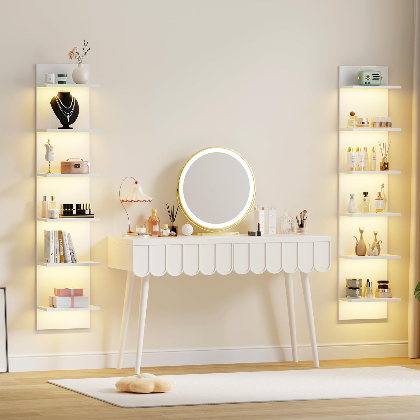 Qupui 6-Tier Wall Shelf with RGB LED Lights, 57" Tall Floating Storage Organizer for Bedroom Living Room Game Room - White Wall Mounted Shelves with 22 Lighting Modes