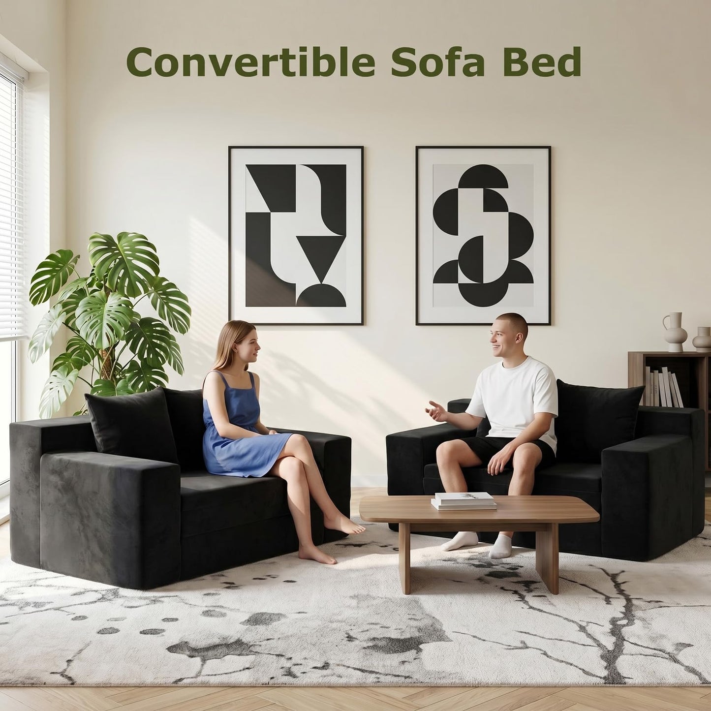 feliz home Boneless Loveseat Couch, Convertible Sofa Bed Folding Couch Bed, Boneless Chair Bed & Futon Sofa Bed, Small Pull Out Couch Foldable with 4 Pillows for Living Room, Black